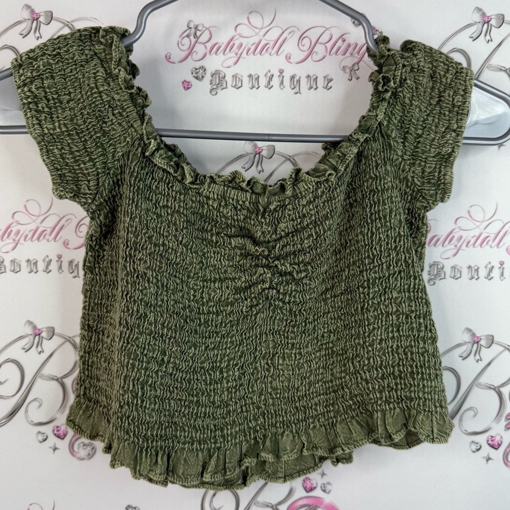 Kiwi + punch top smock Ruffled Olive Green Smocked Crop Top